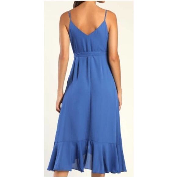 Lulus Manhattan Moment Blue Ruffle Midi Wrap Dress Women’s S High Low GUC - Picture 2 of 11